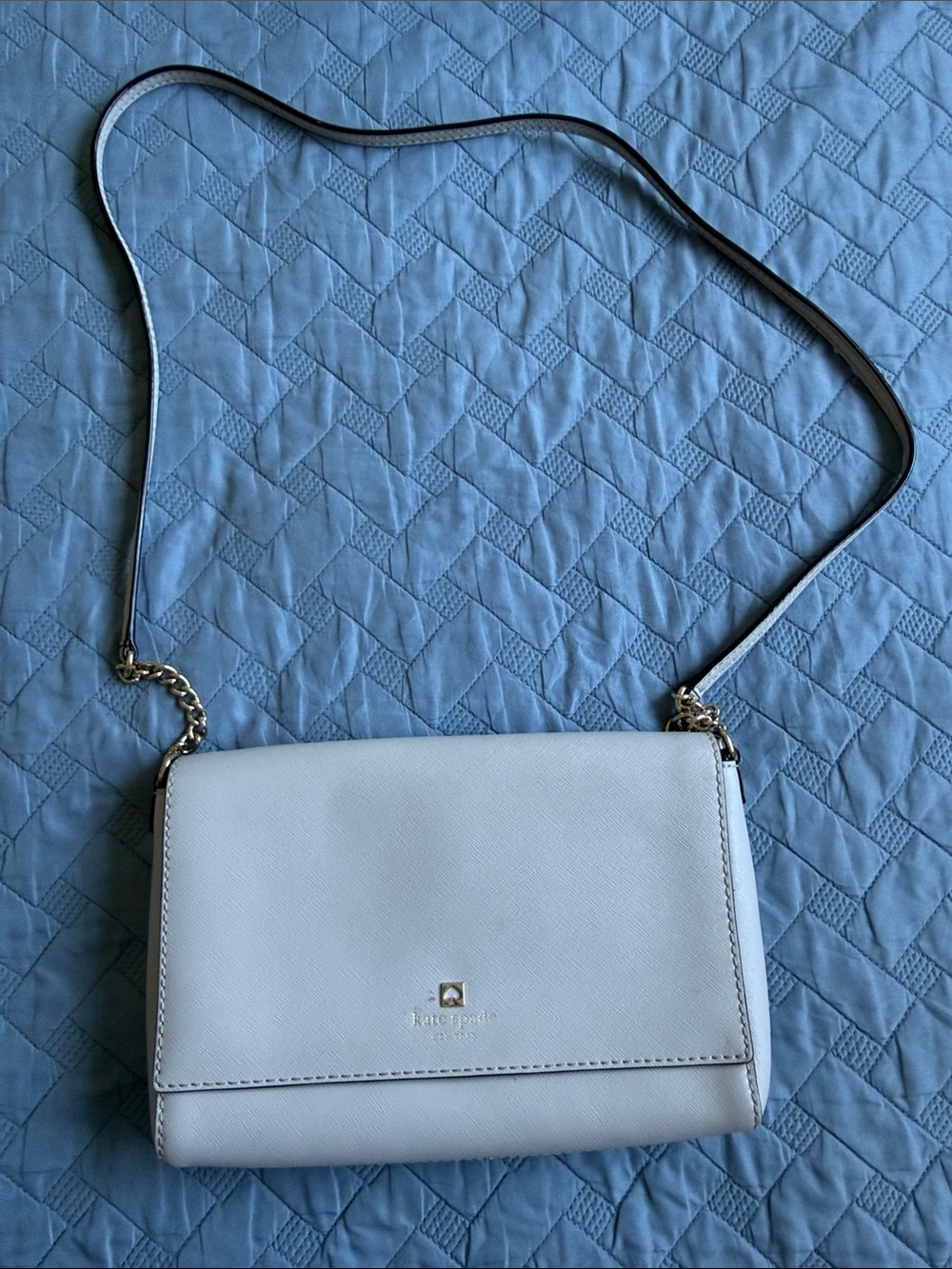 Kate Spade light gray leather crossbody with gold hardware